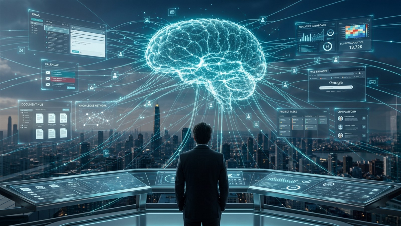 Un cerebro de IA conectado a herramientas como correo, documentos, navegadores, analítica y calendarios