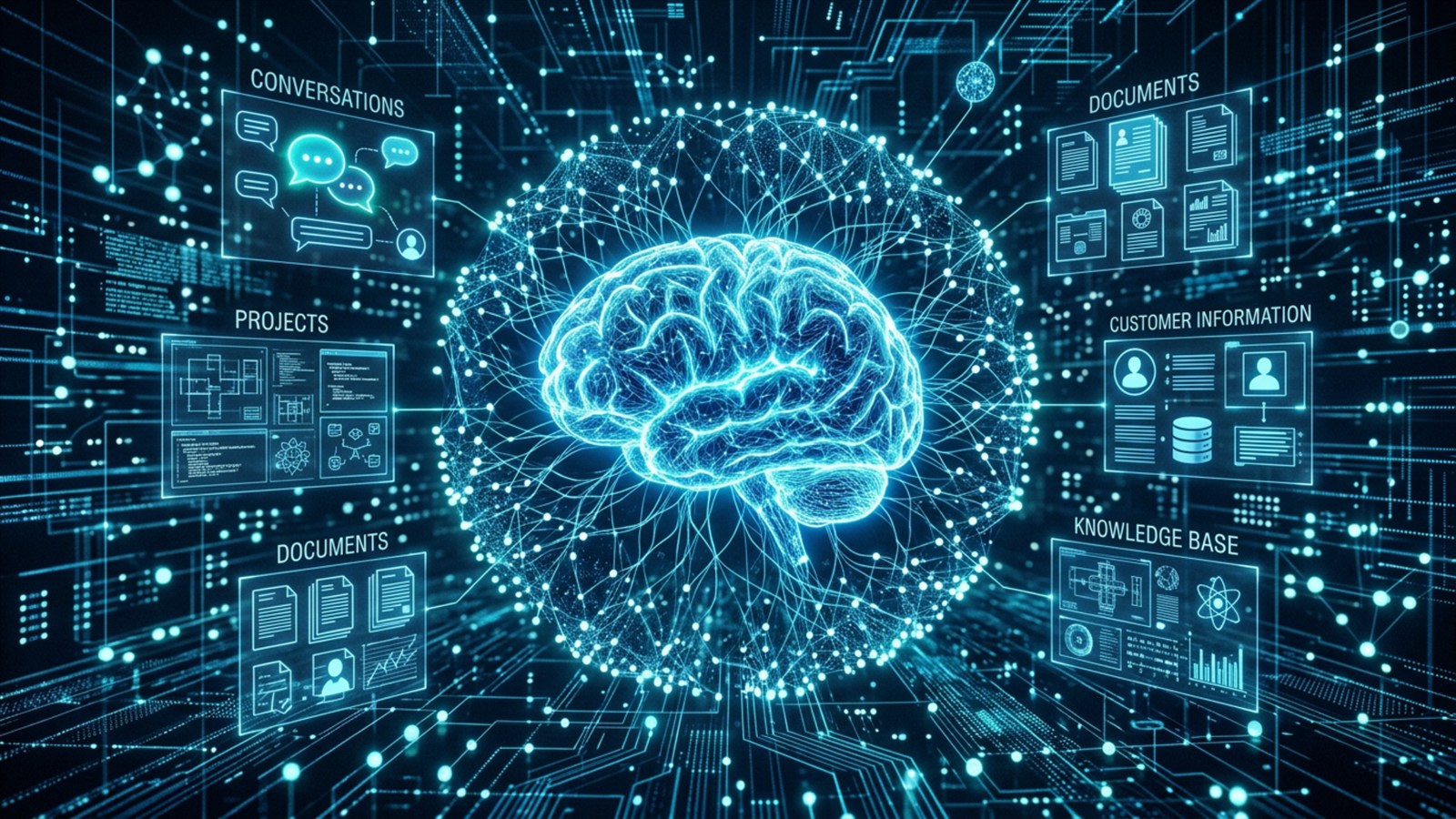 Un cerebro digital rodeado de nodos de memoria interconectados que guardan proyectos, conversaciones y conocimiento