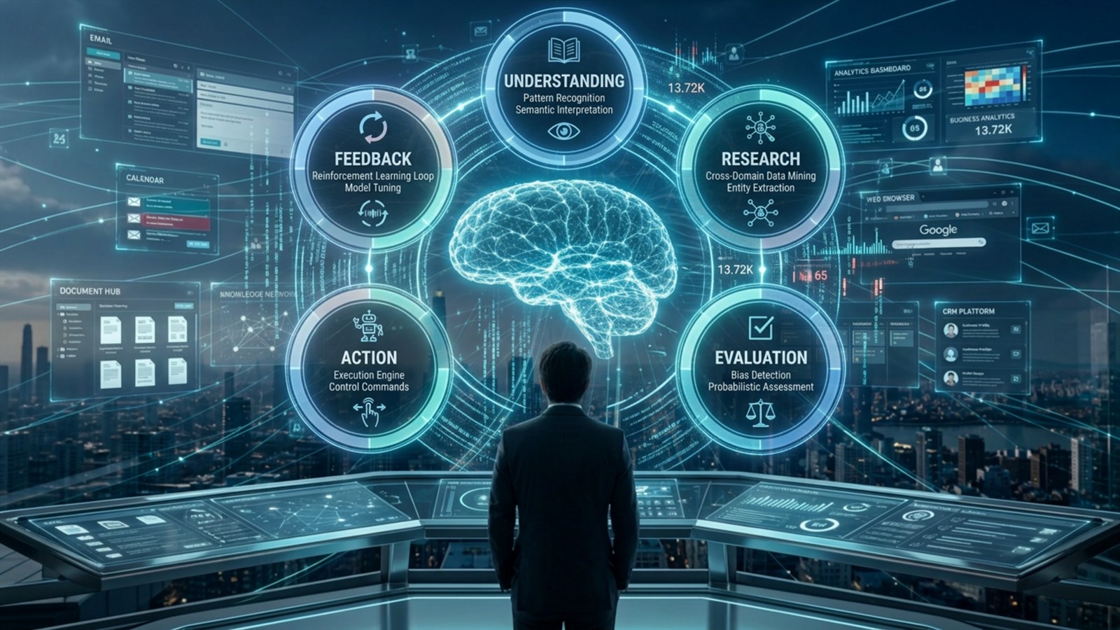 Un diagrama de flujo que sale de un cerebro digital, con razonamiento, planificación, acción y ciclos de retroalimentación
