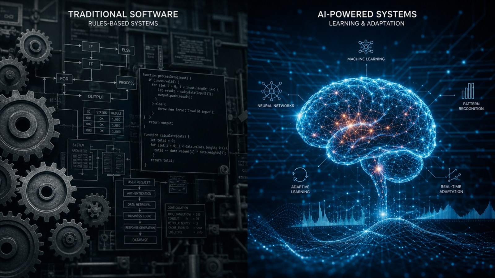 Comparación en pantalla dividida: engranajes rígidos del software tradicional frente a una red neuronal dinámica del cerebro de IA