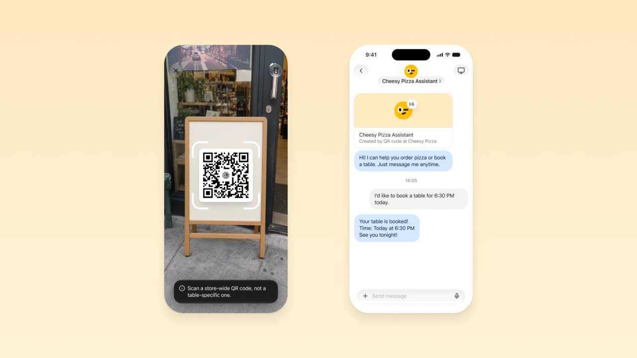 Un celular escanea el código QR de una pizzería y el agente de Manus Cue reserva una mesa para las 6:30