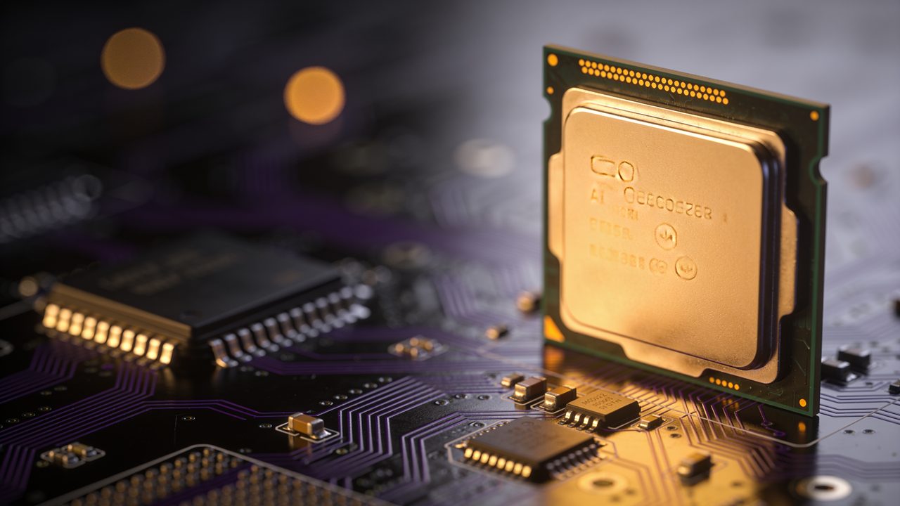 Un chip de IA iluminado en dorado sobre una tarjeta de circuitos