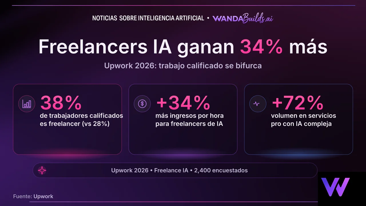 El índice Upwork 2026 muestra que el trabajo freelance calificado sube al 38% y los freelancers de IA ganan un 34% más por hora