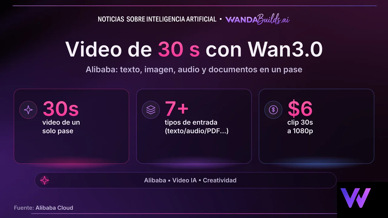 Alibaba lanza Wan3.0 en beta pública: videos de 30 segundos desde texto, imagen, audio o documentos